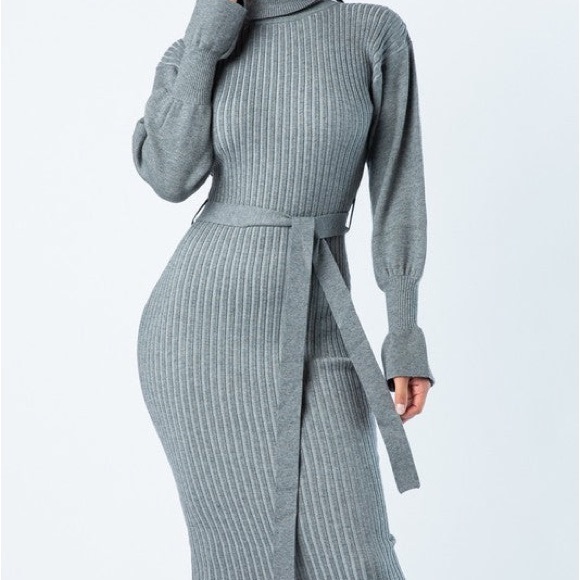 #110 High Neck Sweater Dress-Grey - Picture 2 of 2